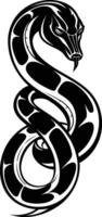 Black and white illustration of a coiled snake with a sharp, angry expression vector