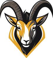 A strong and proud mountain goat head with curled horns, rendered in a bold and stylized design vector