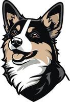 Cute and friendly cartoon illustration of a black and white corgi with a playful expression, perfect for pet-related branding or merchandise vector