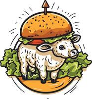A playful and humorous illustration of a cute lamb wearing a hamburger bun as a hat, perfect for food-related businesses and branding vector