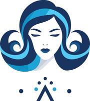 A stylized, minimalist logo of a woman with closed eyes, featuring abstract blue hair and a triangle with dots vector