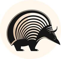 Stylized black and white illustration of an armadillo in a minimalist, geometric style vector