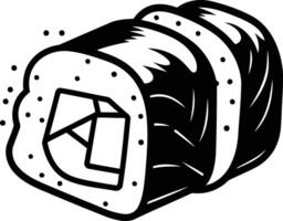 Black and white line art illustration of a sushi roll with detailed textures vector