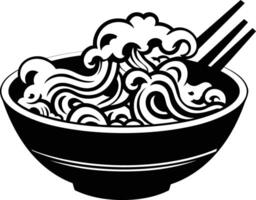 Black and white illustration of a bowl of ramen noodles with chopsticks, perfect for adding a touch of japanese culture to your designs vector