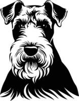 A striking black and white silhouette of a wirehaired fox terrier, looking directly at the viewer vector