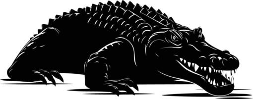 Black and white silhouette of a menacing crocodile with sharp teeth and scales vector