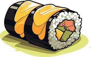 A vibrant cartoon illustration of a delicious sushi roll with a generous layer of melted cheese vector