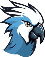 A bold and vibrant blue and white parrot head mascot design, perfect for a sports team, brand logo, or any project needing a strong and charismatic visual vector