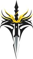 A bold, abstract logo featuring a stylized sword with wings vector