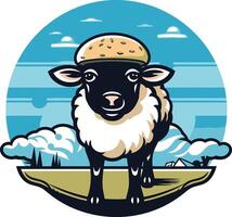 A whimsical illustration of a sheep wearing a hamburger bun as a hat, set against a vibrant landscape vector