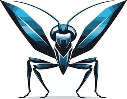 A striking, stylized illustration of a praying mantis, rendered in a bold, geometric style vector