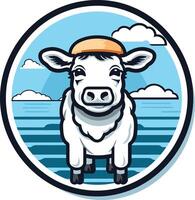 A charming, cartoon-style cow logo with a friendly face, wearing a hat, and standing against a whimsical seaside background vector