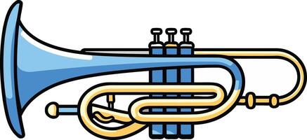A cartoon illustration of a blue and gold trumpet, perfect for representing music, jazz, brass instruments, or any creative project vector