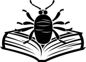 A striking black and white illustration of a bug on top of an open book vector