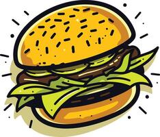 A cartoon illustration of a juicy hamburger with a sesame seed bun, lettuce, and a meat patty vector