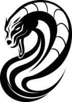 A striking black and white illustration of a cobra in a stylized tribal design vector