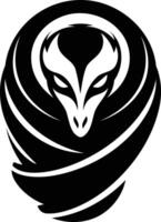 A stylized black and white logo design featuring a mysterious creature with piercing eyes, hidden within a swirling, protective cloak vector