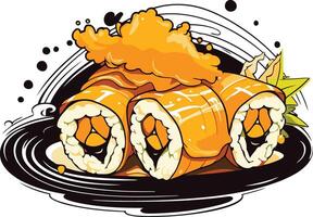 A vibrant illustration of three salmon sushi rolls with a modern, artistic style vector