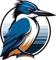 A colorful illustration of a kingfisher bird perched on a branch, set against a circular background with a gradient of blue and white stripes vector