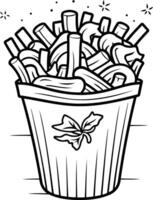 A cute line drawing of a bucket of french fries with a little sprig of parsley on the side, perfect for coloring pages and children's books vector