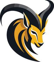 This is a stylized logo design featuring a golden colored mountain goat head, with black horns and stylized, flowing lines in its mane vector