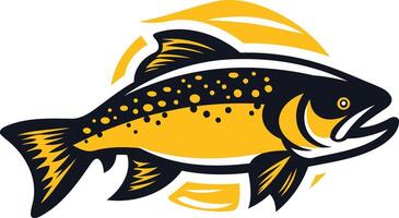 A stylized illustration of a trout fish in a yellow and black color scheme, with a circular design of stylized leaves in the background vector