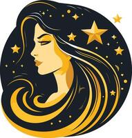 Elegant and mysterious, this logo features a beautiful woman with flowing hair against a starry backdrop vector