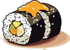 A colorful and playful illustration of a sushi roll with avocado and fish, topped with a dollop of orange sauce and sesame seeds vector