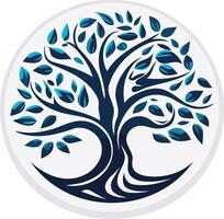 A stylized, circular tree of life logo, with intricate branches and roots, in blue and black vector