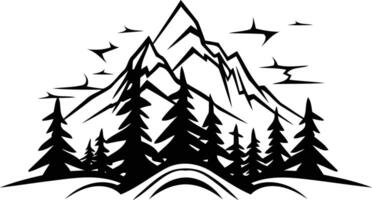 Simple black and white mountain landscape silhouette with pine trees, ideal for branding, logos, or design projects vector