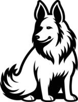 A simple yet striking black and white silhouette of a dog sitting in a relaxed pose vector