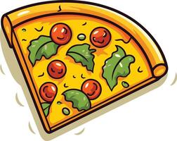 a cheerful cartoon slice of pizza with tomato and basil toppings, perfect for menus, food blogs, and social media posts vector