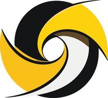 Abstract logo design featuring a black, yellow and white circular shape with a dynamic, swirling pattern vector