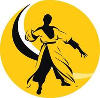 A powerful silhouette of a martial arts practitioner in a dynamic pose, set against a bold yellow circle vector