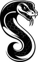 A fierce black and white illustration of a cobra with scales, fangs, and a menacing expression vector