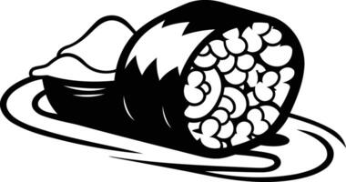 Black and white illustration of a sushi roll with a single piece of wasabi on a plate, perfect for menu design, packaging, or social media vector