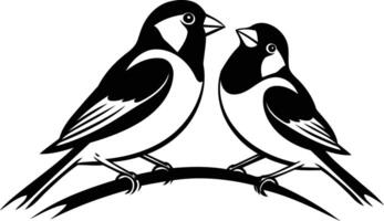 Black and white illustration of two birds perched on a branch, symbolizing love and connection vector