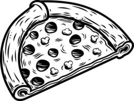 A detailed black and white illustration of a delicious pizza slice, perfect for food blogs, menus, and branding vector