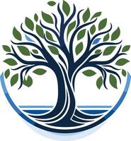 A stylized tree with roots in blue water, symbolizing growth, life, and connection to nature vector