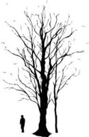 A stark silhouette of a lone figure standing beneath a bare, skeletal tree vector