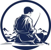 A strong and symbolic illustration of a lone warrior, sitting in meditation with a sword and a mountain backdrop vector
