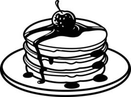 A simple, black and white illustration of a stack of pancakes with syrup and a cherry on top vector