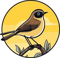 A charming illustration of a small bird perched on a branch, set against a warm sunset backdrop vector