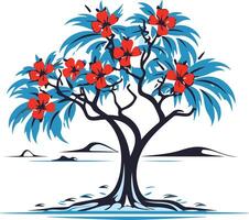 A stylized palm tree with vibrant red flowers, set against a tranquil island scene vector