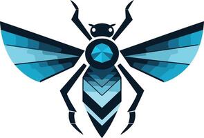 Modern, abstract, and geometric logo design featuring a stylized blue insect with sharp, angular lines and a vibrant jewel-like center vector
