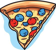 A cartoon illustration of a delicious pizza slice with red and blue toppings, perfect for a fun and playful design vector