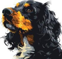 A close-up portrait of a black and brown cocker spaniel with a white chest patch, looking up with an attentive expression vector