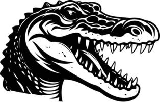 A fierce alligator head with open mouth, showing sharp teeth and a powerful jaw, in a vintage black and white style vector