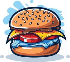 A colorful, cartoon-style burger with cheese, tomato, lettuce, and sauce vector