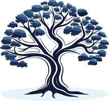 A stylized blue tree with intricate branches and roots, symbolizing growth, strength, and connection vector